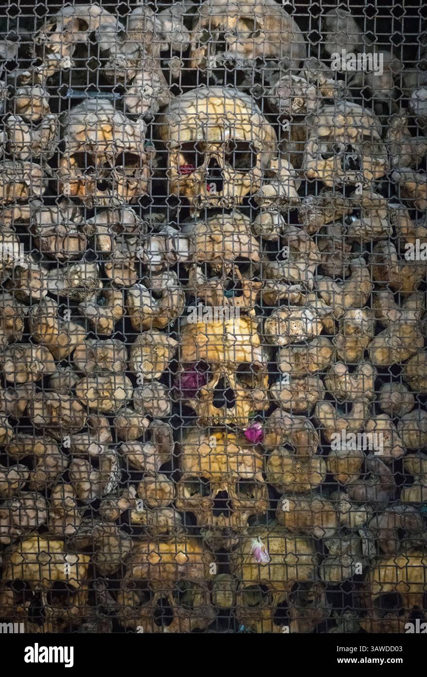 San Bernardino alle Ossa ist eine Kirche in Mailand, die vor allem für ihr Ossuarium bekannt ist, eine kleine Seitenkapelle, die mit zahlreichen menschlichen Schädeln und Knochen verziert ist. 1210, als ein benachbarter Friedhof dem Raum ausging, wurde ein Raum zur Aufbewahrung von Knochen gebaut. Eine Kirche wurde 1269 angebaut. 1679 renoviert und 1712 durch einen Brand zerstört. An die ältere Kirche wurde dann eine neue größere Kirche angeschlossen und dem Heiligen Bernardino von Siena geweiht. Chiesa di San Bernardino alle Ossa, Piazza Santo Stefano, Mailand, Italien Stockfoto