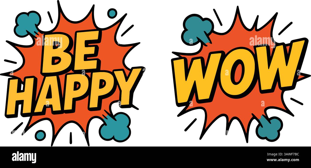 Comic-Stil Wow und Be Happy Sticker Design Stock Vektor