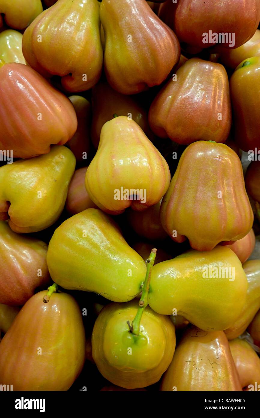 Gemischte chompoo- oder Rosenapfel (Syzygium sp.) Obst zum Verkauf an einem Marktstand in Thailand, wo es frisch mit einem Spritzer Salz oder Zucker gegessen wird Stockfoto