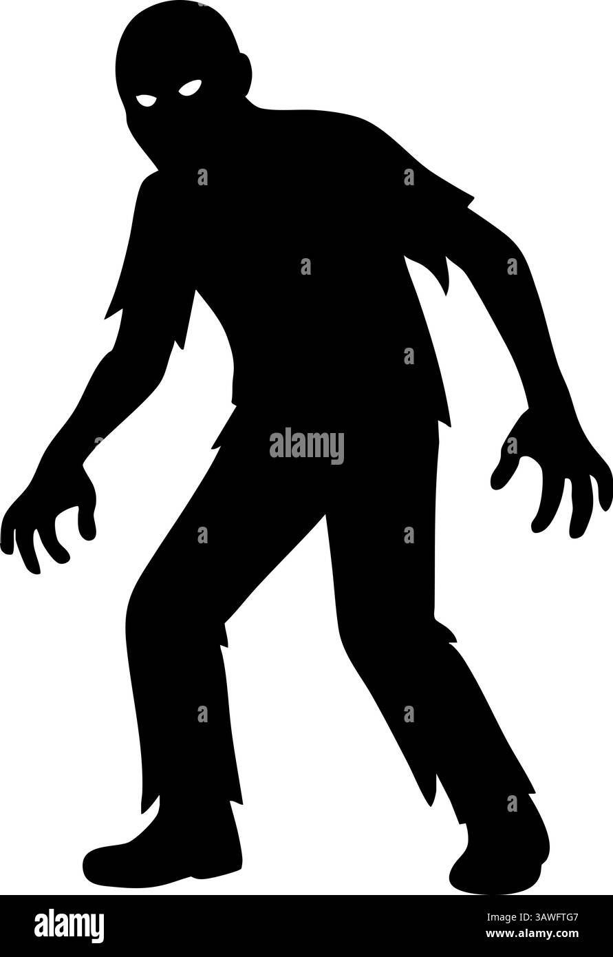 Gruselige Zombie-Silhouette isoliert auf weißem Hintergrund – Halloween-Horror-Clipart, untote Kreatur-Vektor, gruselige Grafik-Design für Angst und Thriller. Stock Vektor