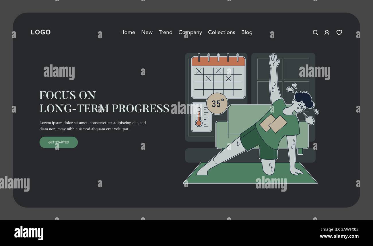 Pilates-Illustration, die eine Fitness-Reise mit Schwerpunkt auf langfristigem Fortschritt zeigt. Eine Person übt zu Hause und fördert Wohlbefinden und Konsistenz. Fitness-Routinen sind wichtig für dauerhafte gesundheitliche Vorteile. Vektorabbildung. Stock Vektor