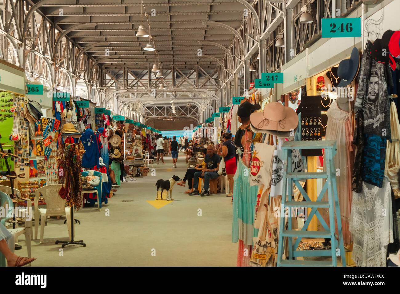 Havanna, Kuba 2024. April 17 – farbenfrohe Stände säumen die überdachten Gänge des Kunsthandwerkermarktes von Almacenes San José. Einheimische und Touristen stöbern nach handgemachtem Kunsthandwerk, Stockfoto