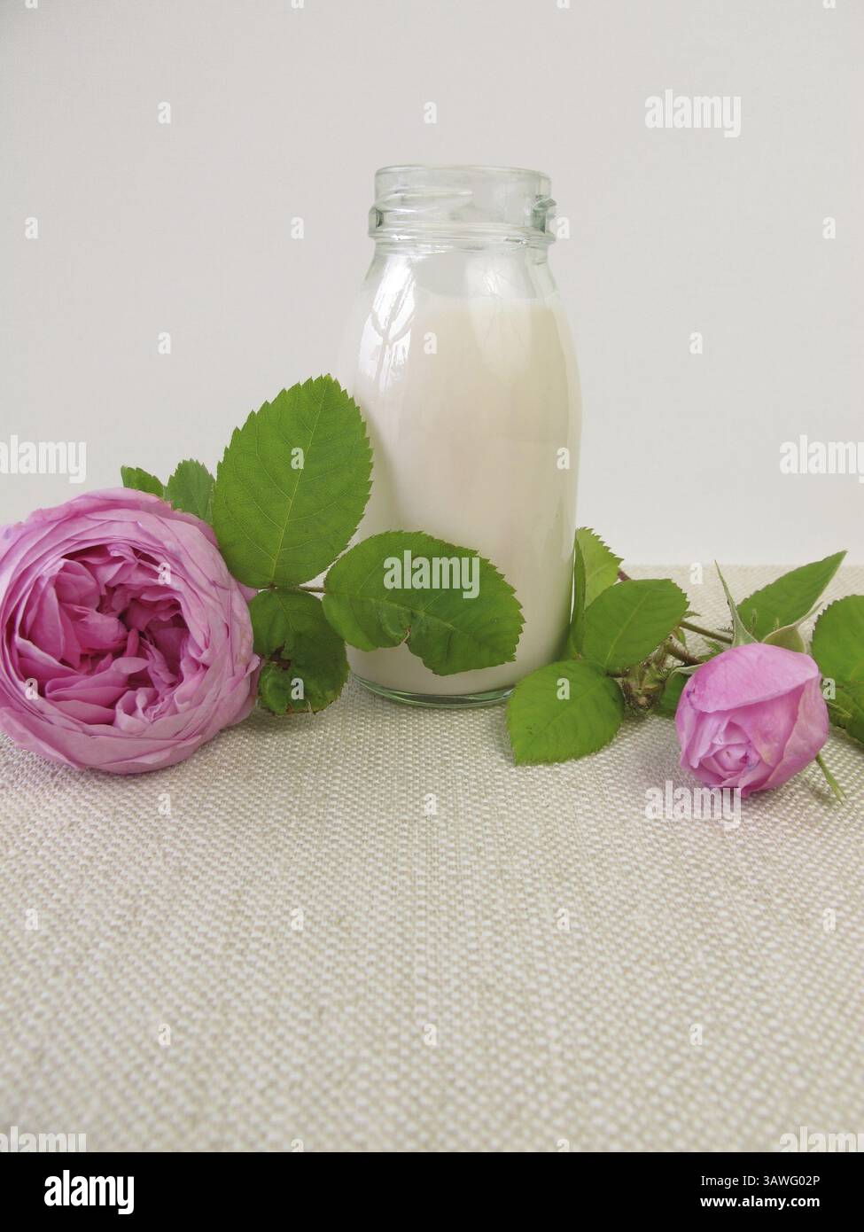 Rosenjoghurtgetränk und Rosenblüten Stockfoto