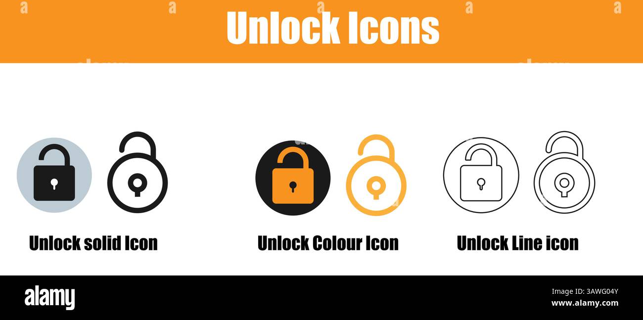 Sammlung von Symbolen zum Entsperren, einschließlich Volumenkörper, Farbe und Linienvarianten. Stock Vektor