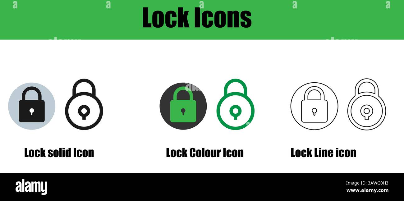 Set von Sperrsymbolen in den Formaten „durchgehend“, „Linie“ und „Farbe“ für die Konstruktionsverwendung. Stock Vektor