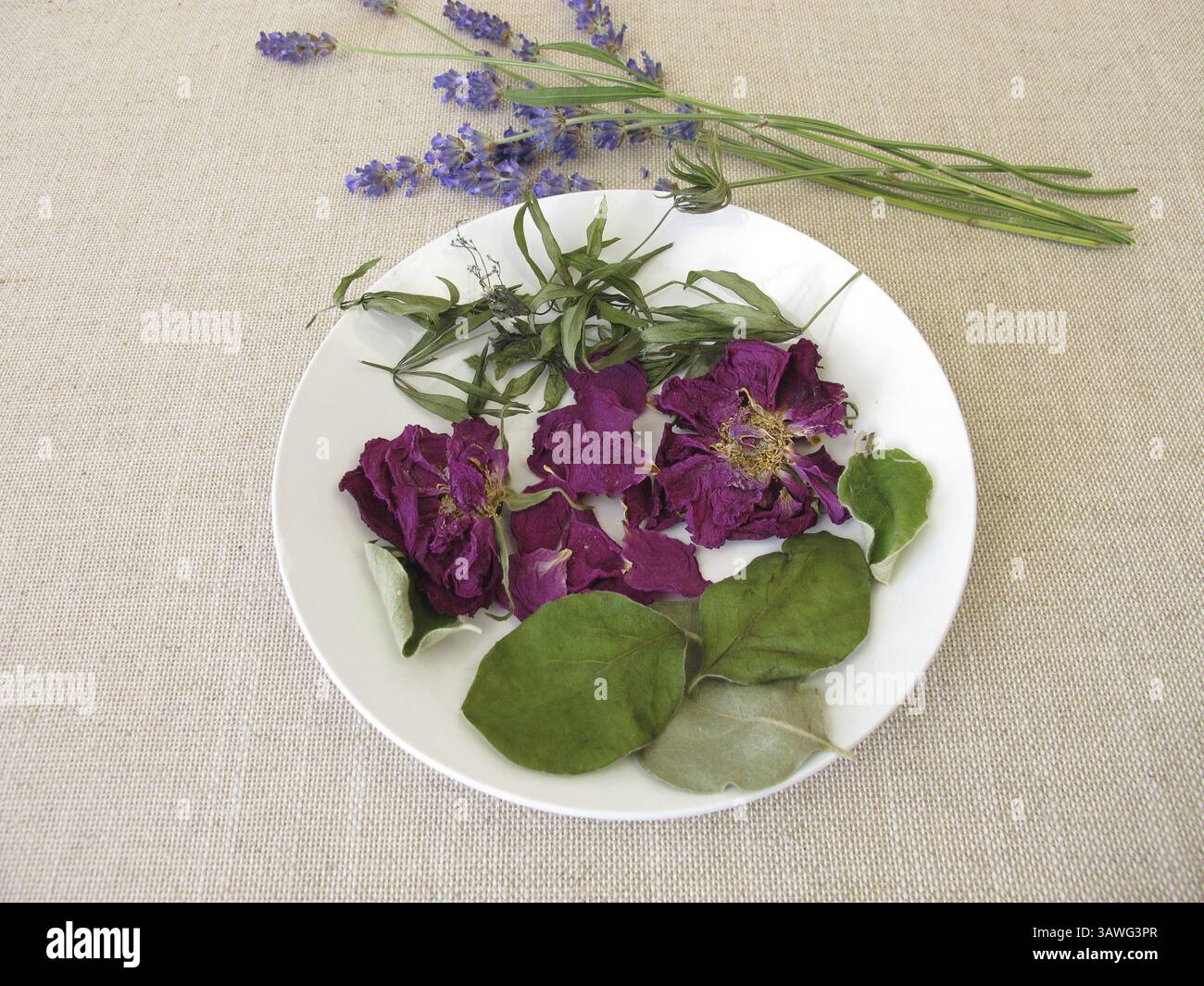Duftendes Potpourri mit Rosenblättern, Holzdruff, Quittenblättern und Lavendel Stockfoto