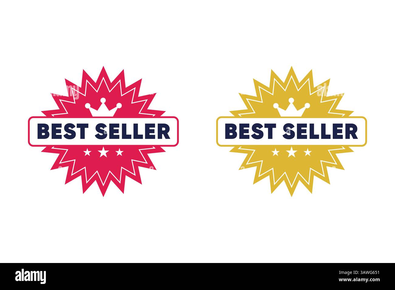 Bestseller Starburst-Abzeichen-Symbole mit Krone in Pink und Gold Stock Vektor