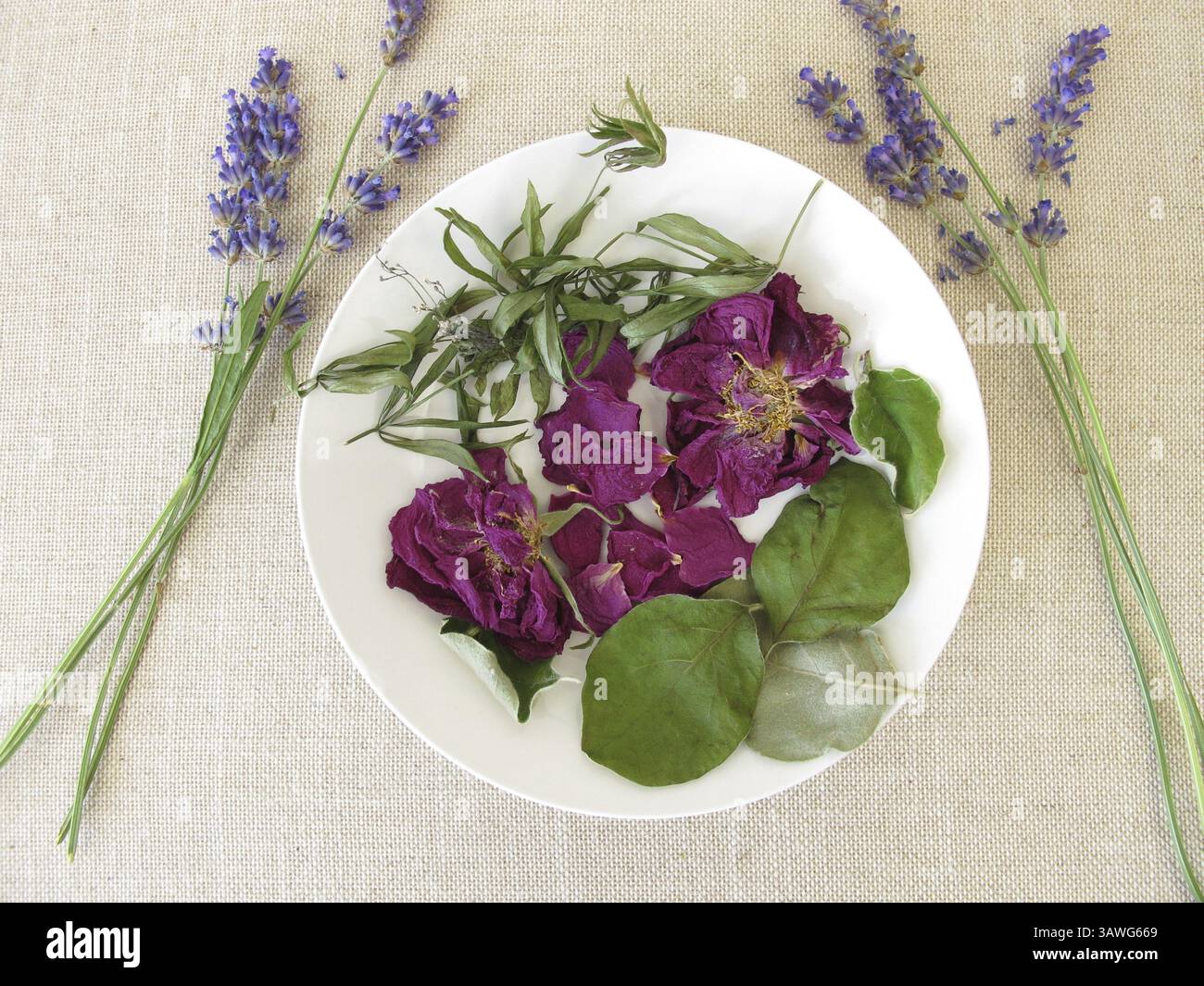 Duftendes Potpourri mit Rosenblättern, Holzdruff, Quittenblättern und Lavendel Stockfoto