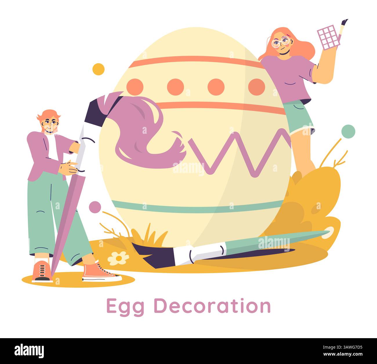 Osterkonzept. Glückliche Menschen schmücken das riesige Osterei kreativ mit Pinsel und Farbe und bereiten Feiertagskunstwerke in fröhlicher Atmosphäre vor. Vektorabbildung. Stock Vektor