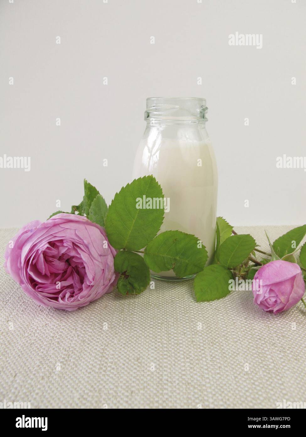 Rosenjoghurtgetränk und Rosenblüten Stockfoto