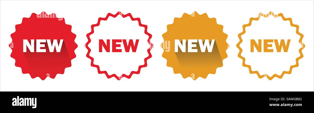 Satz „NEUER“ Starburst-Etiketten in Rot und Orange – flache und umrissene Badsymbole Stock Vektor