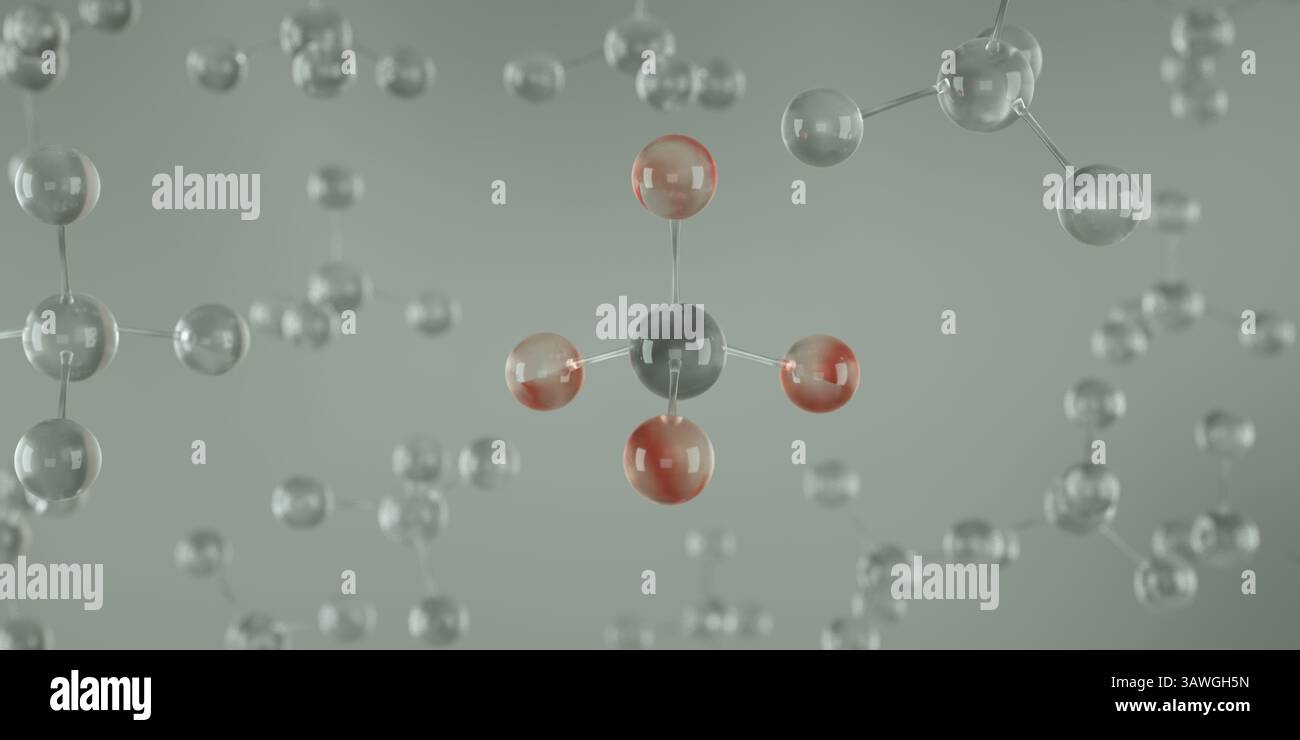Chemische Formel und molekulares Modell des Methans CH4, CH4 Moleküls Stockfoto