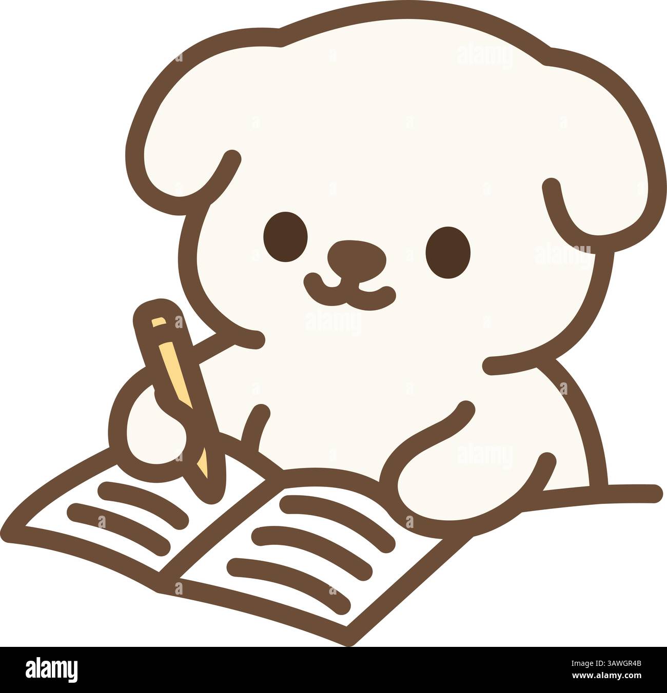 Niedliches weißes Hündchen in einem Notizbuch mit Bleistift Stock Vektor