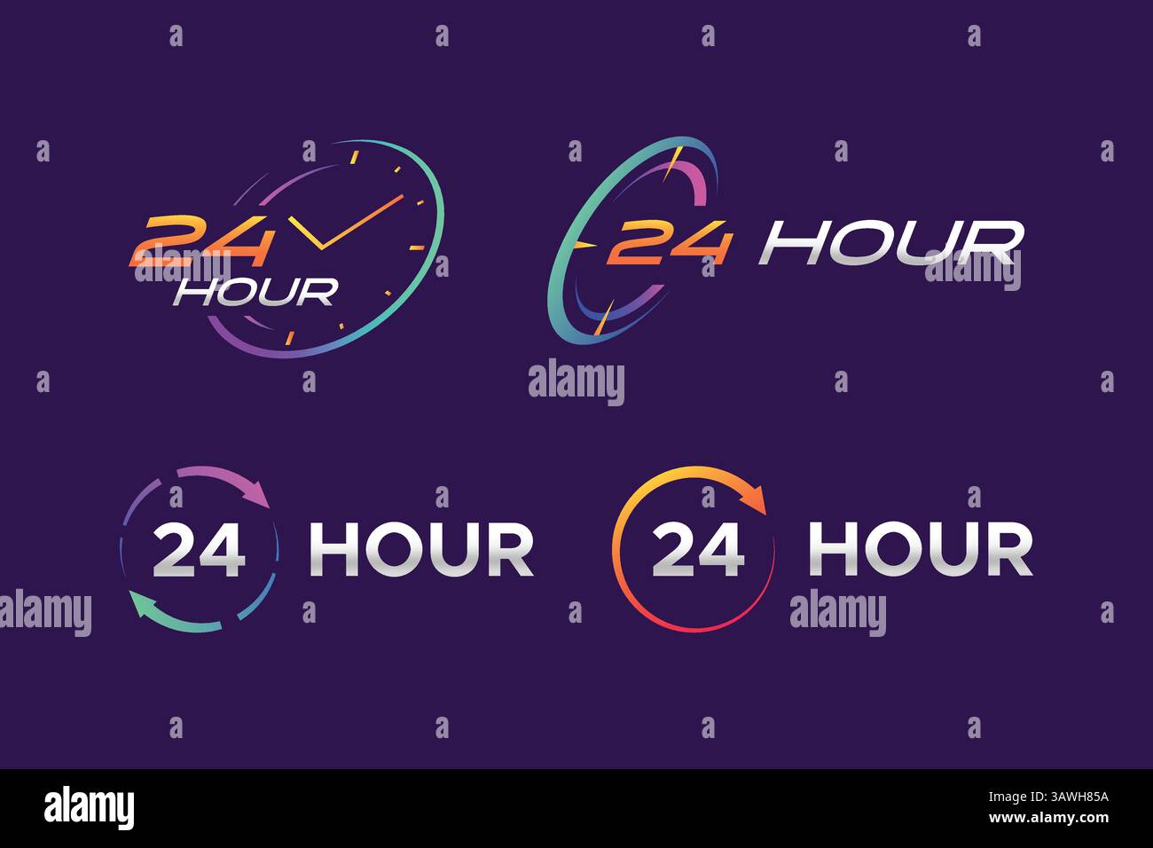 24-Stunden-Symbol-Zeichen Symbol-Logo-Grafik-Vorlage Farbverlauf Moderner Stil Neonlicht Stock Vektor