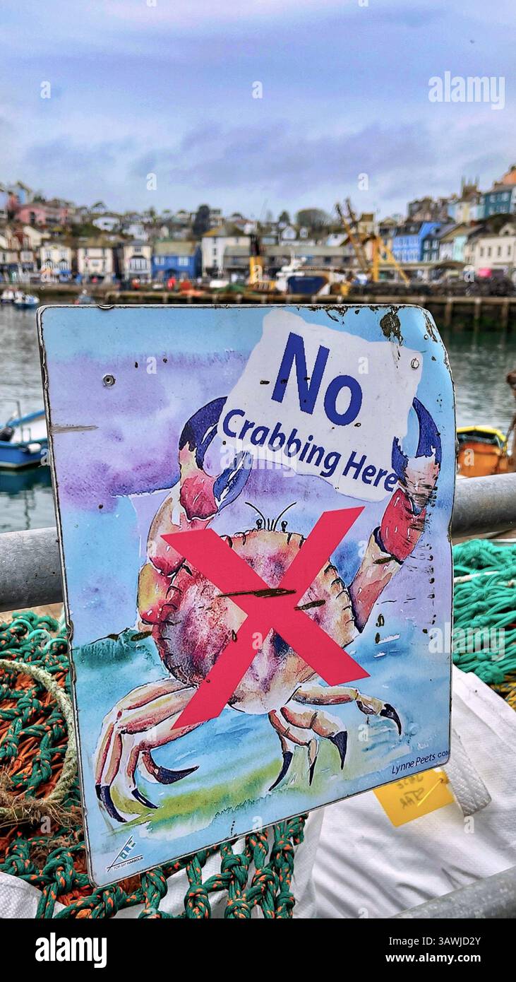 Ein farbenfrohes Schild mit einem großen roten „X“ über einer Krabbenillustration und dem Text „No Crabbing here“ (kein Krabben hier) wird im Hafen von Brixham, Devon, Großbritannien, angezeigt Stockfoto