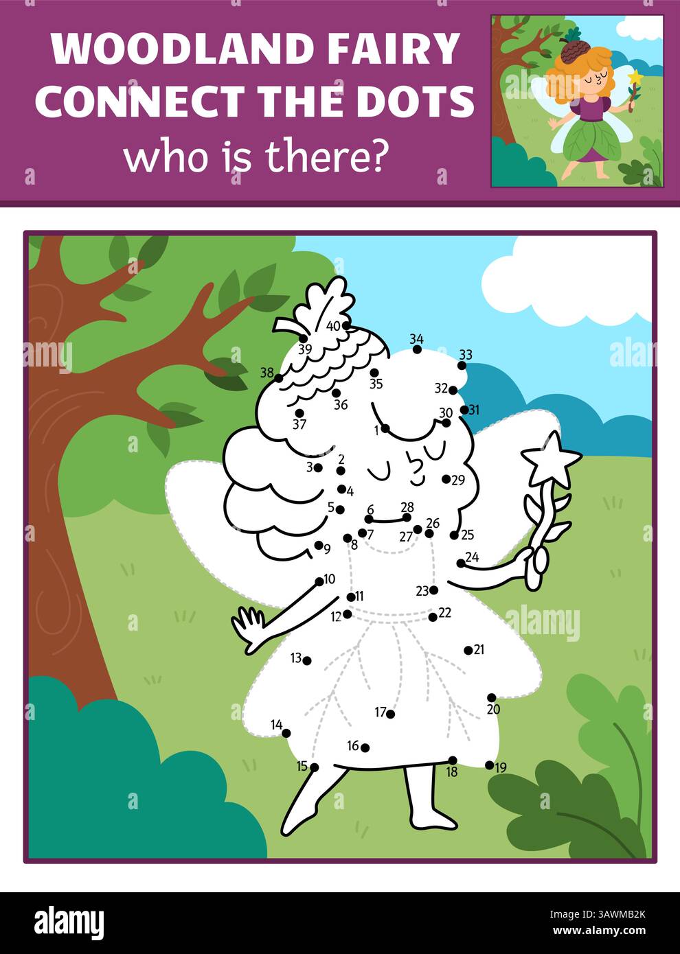 Vektor-Fairyland Punkt-zu-Punkt und Farb-Aktivität mit Eichelfee, farbige Naturszene. Zauberwald oder Garten verbinden das Punktspiel für Kinder. Wer Stock Vektor