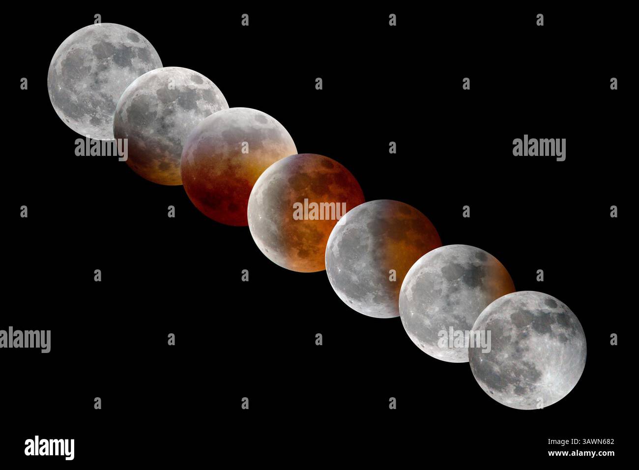 Mondfinsternis. Bildserie einer totalen Mondfinsternis in Sequenz, isoliert auf schwarzem Hintergrund. Super, Blut, Wolfsmond vom 20. Januar 2019, Missouri Stockfoto