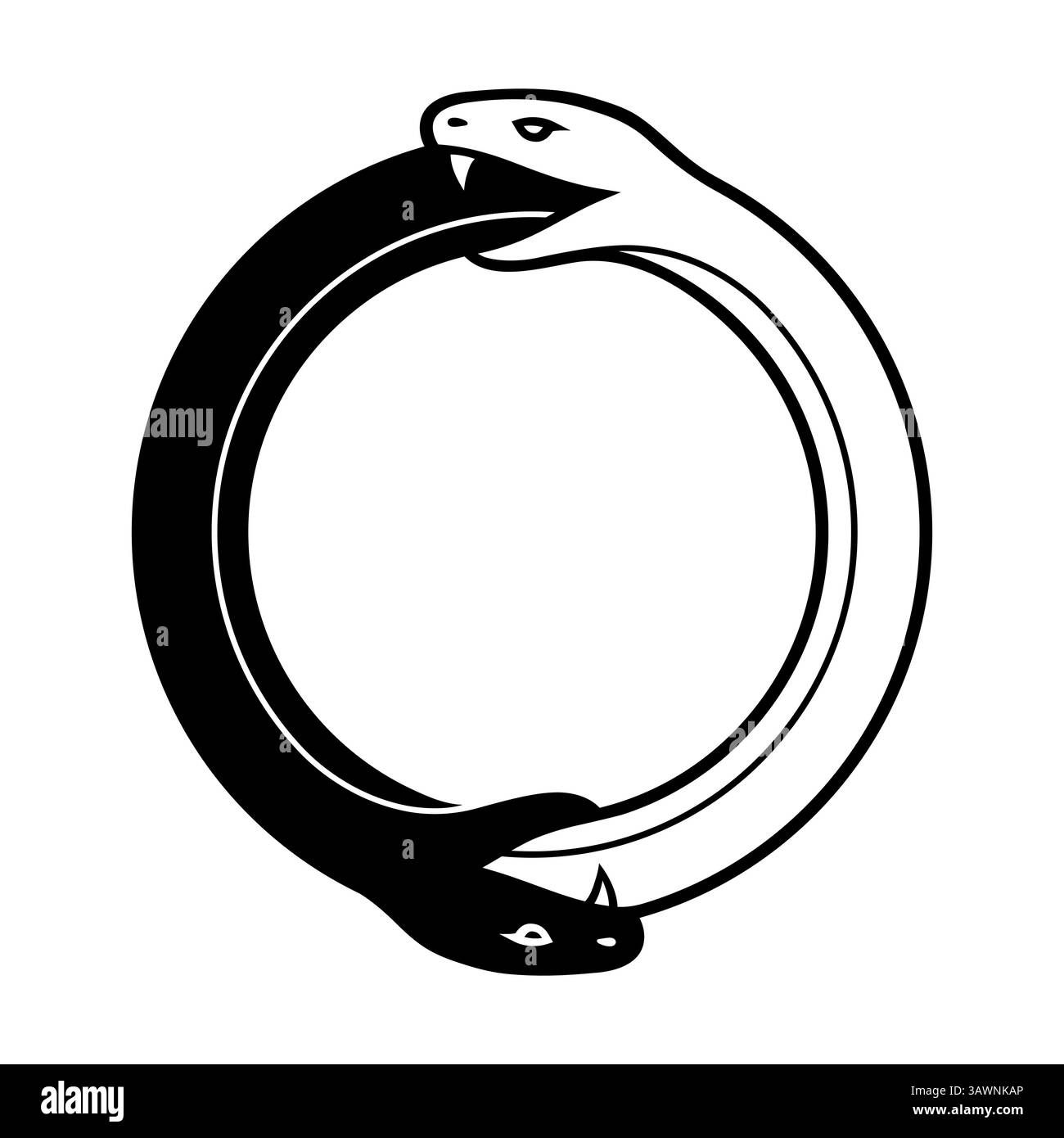 Doppeltes Ouroboros-Symbol, eine Schlange, die den Schwanz einer anderen Schlange isst. Einfache Schwarzweißzeichnung. Modernes Kreislogo, Vektorillustration. Stock Vektor