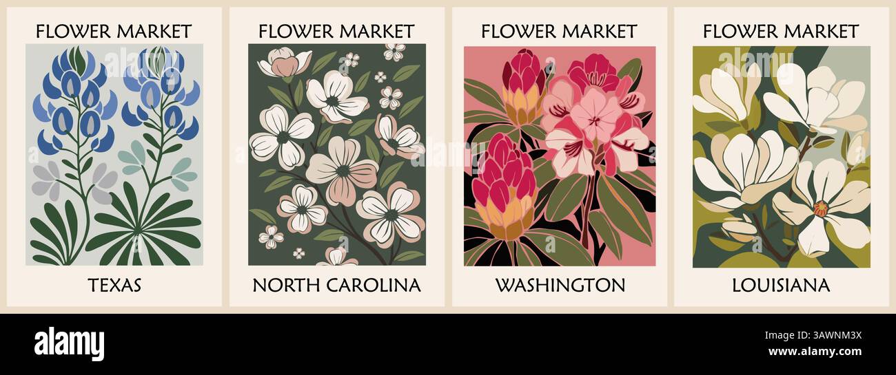 Retro-Plakate mit Blumen aus dem US-Bundesstaat Stock Vektor