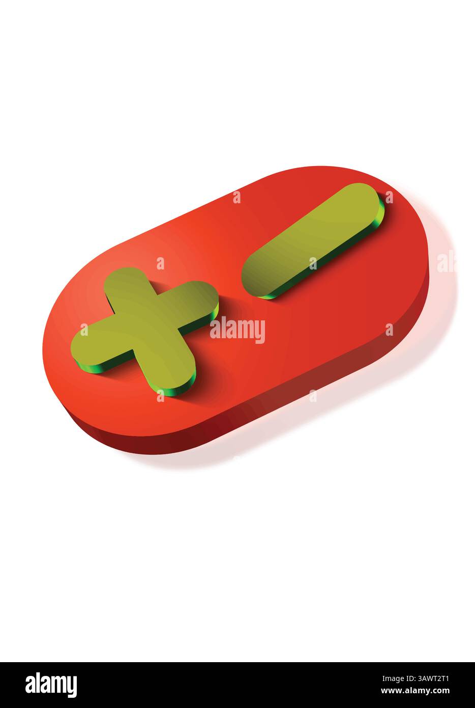 3D Plus- und Minus-Symbole auf rotem ovalem Hintergrund. Stock Vektor
