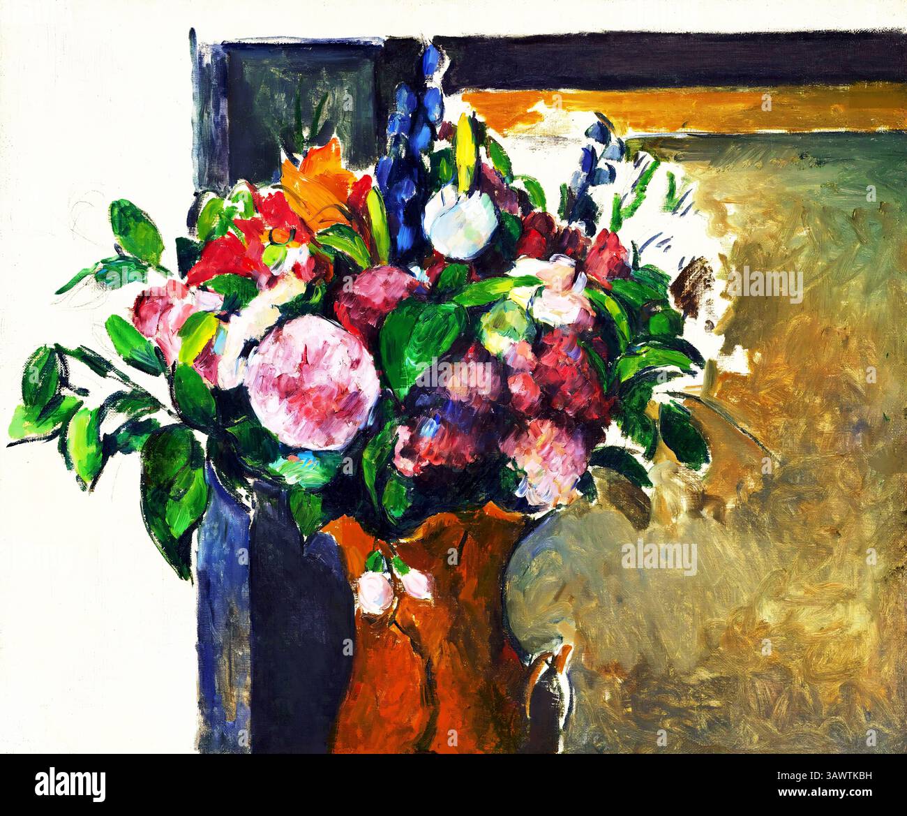 Gemalt um 1880-1881, Frankreich. Lebendiges postimpressionistisches Stillleben mit blühenden Blumen in einer kräftigen roten Vase. Digital restauriert aus Cézannes OP Stockfoto