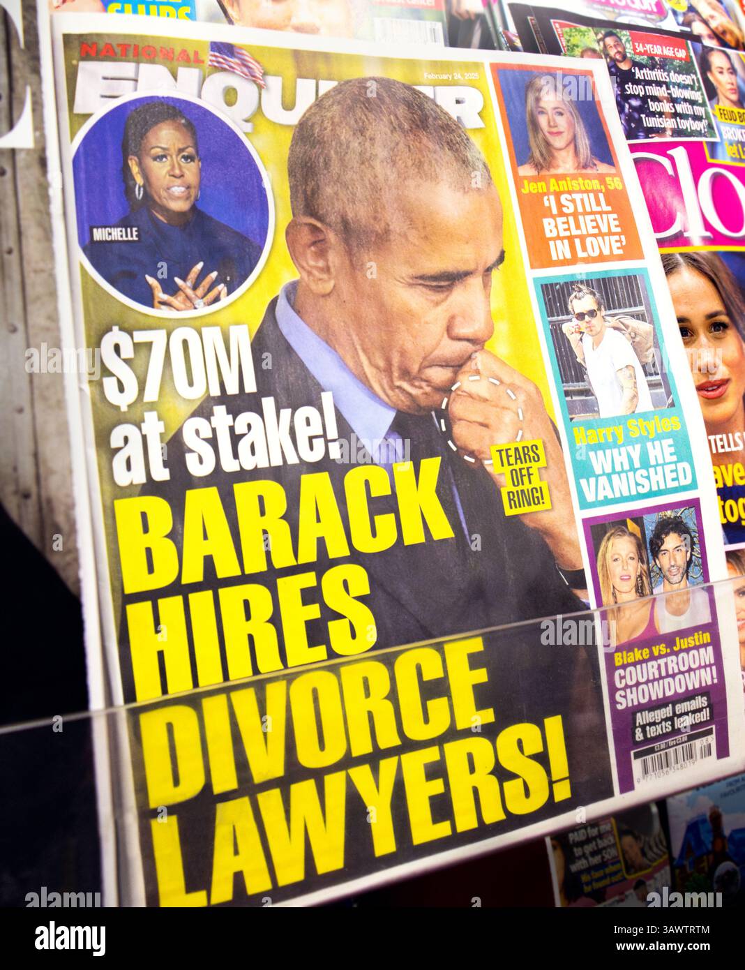 Barack Obama Scheidungsgerüchte werden in der Zeitung National Enquirer veröffentlicht. Michelle Obama und der ehemalige Präsident Barack Obama berichten nach Klatsch über ein Paar Stockfoto