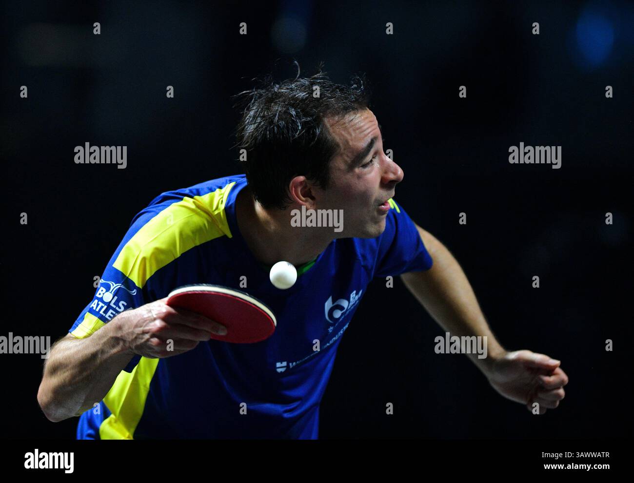 Chennai, Indien. März 2025. Brasiliens Tischtennisspieler Hugo Calderano auf Action während des WTT-Star-Anwärters am samstag in Chennai, Indien Stockfoto