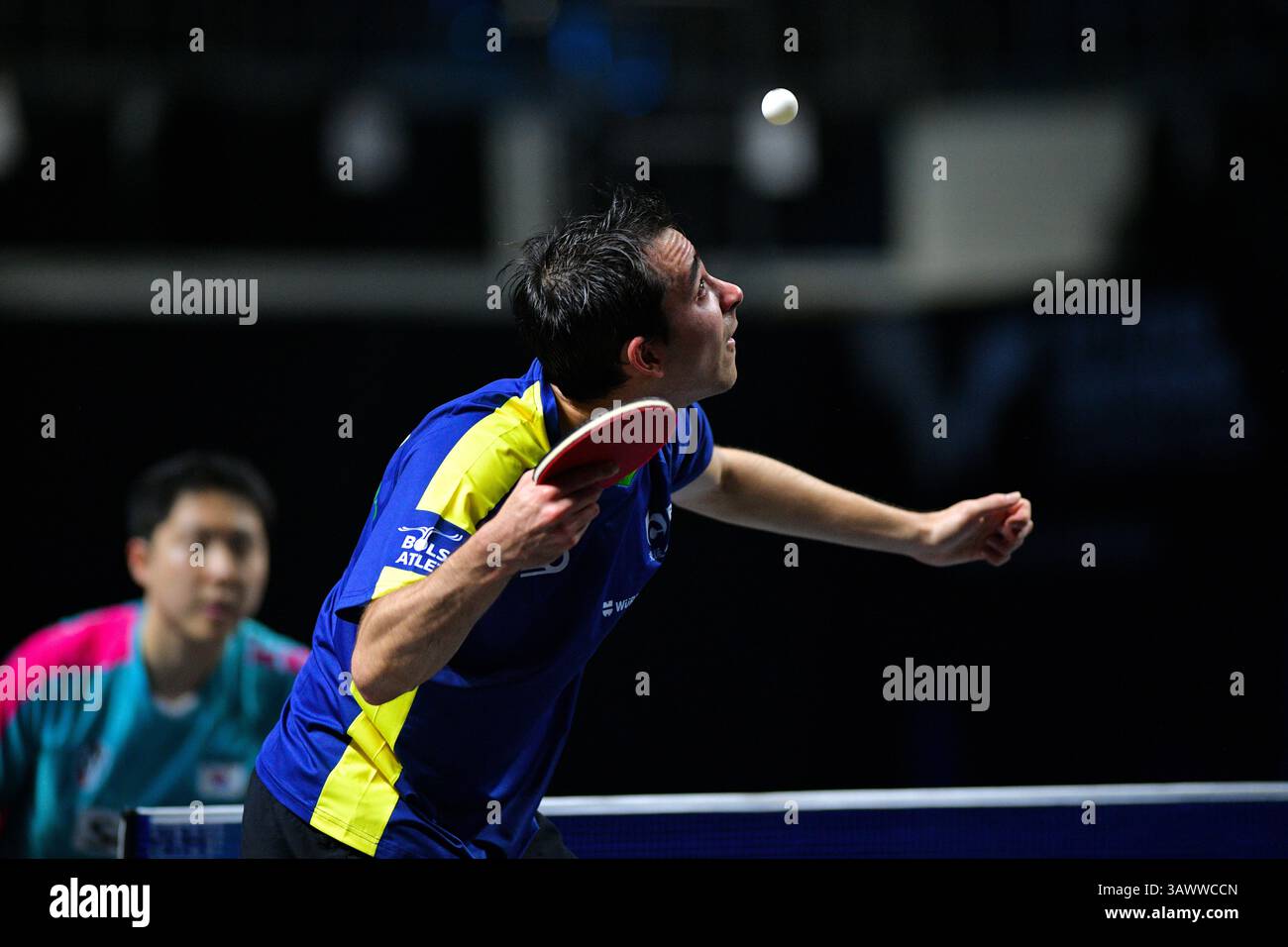 Chennai, Indien. März 2025. Brasiliens Tischtennisspieler Hugo Calderano auf Action während des WTT-Star-Anwärters am samstag in Chennai, Indien Stockfoto