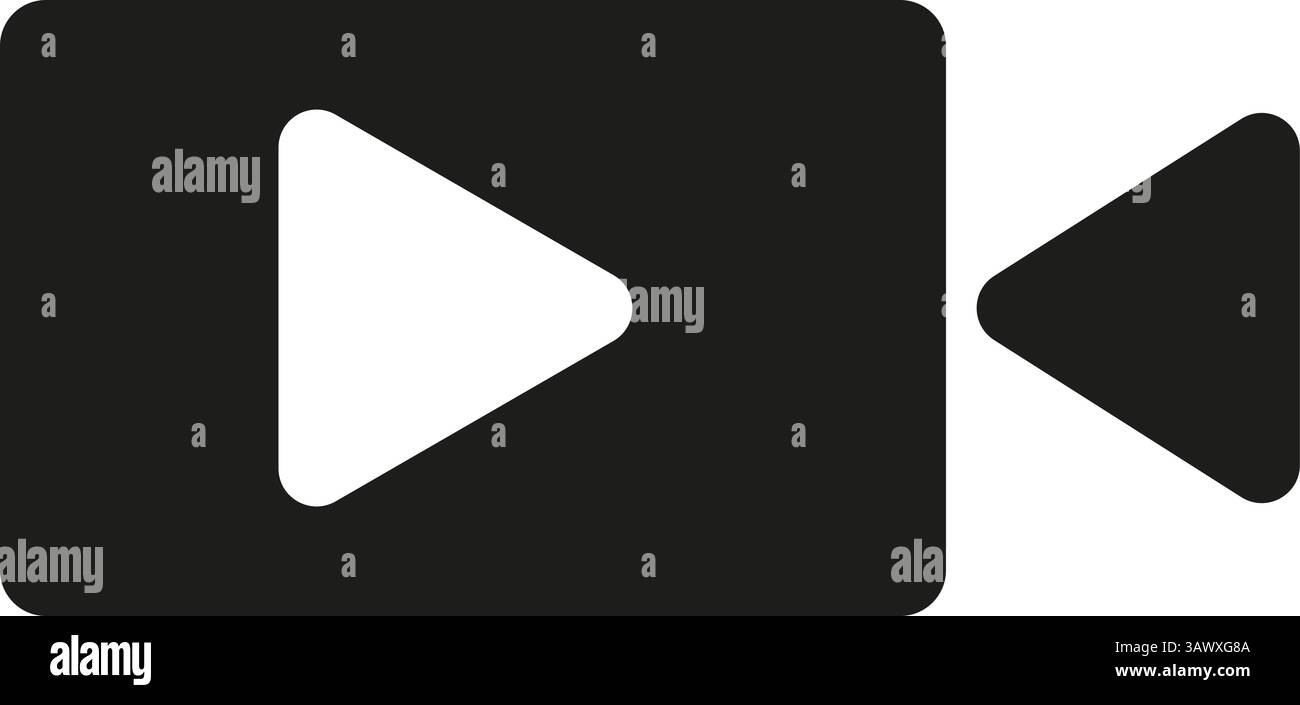 Ein schwarz-weißes Symbol, das eine Videokamera mit zwei Wiedergabetasten darstellt und sich als Logo oder Markensymbol im Grafikdesign eignet Stock Vektor