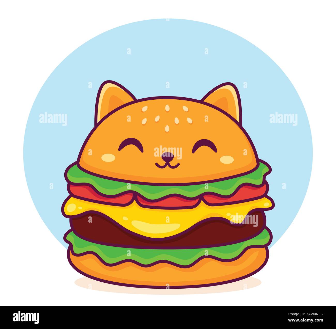 Süße Kawaii Burger Katze. Comic Cheeseburger. Vektorabbildung. Stock Vektor