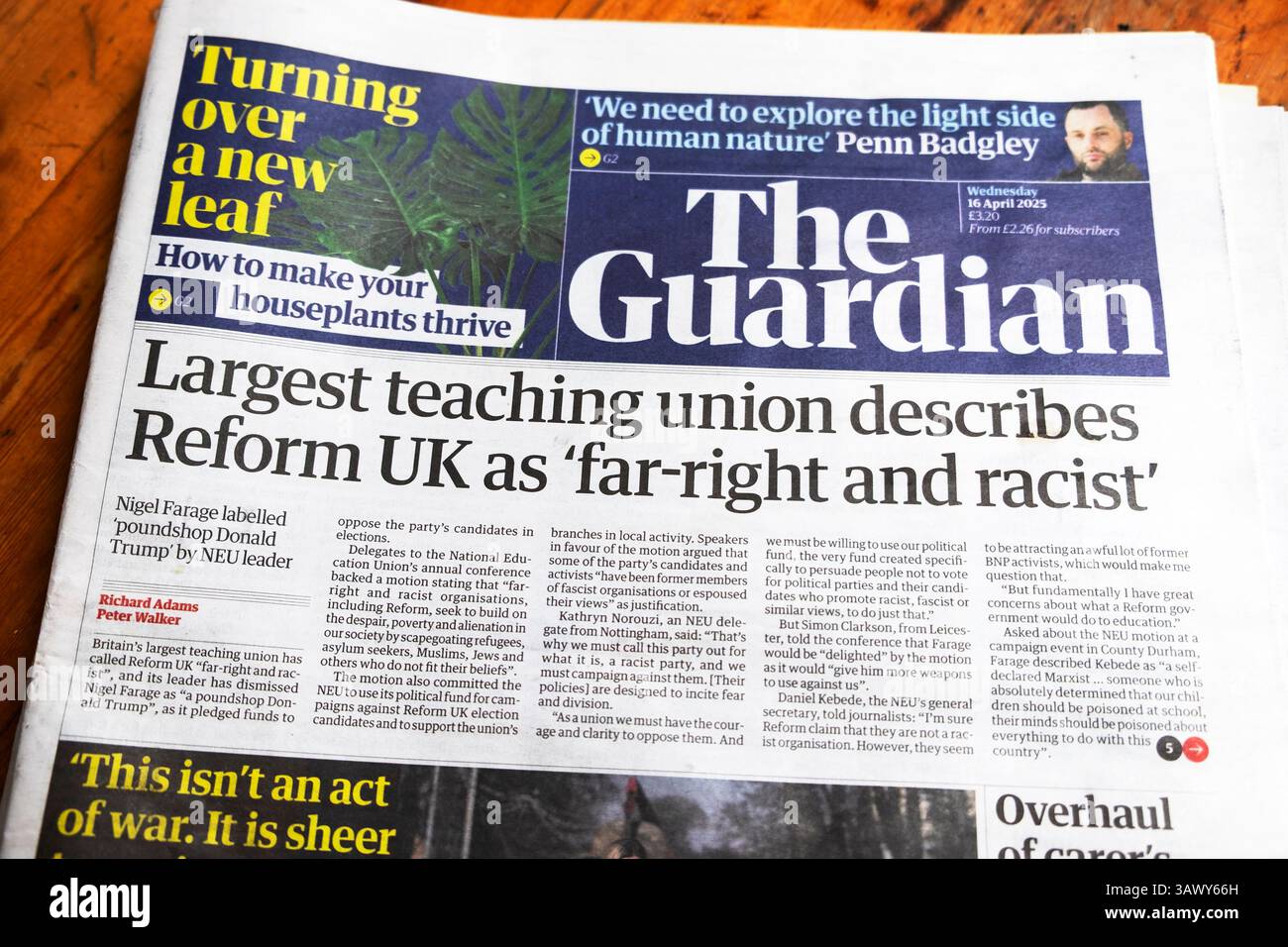 „Die größte lehrgewerkschaft beschreibt Reform UK als „rechtsextreme und rassistische“ Guardian-Zeitung Schlagzeilen-Politik 16. April 2025 London England Großbritannien Stockfoto