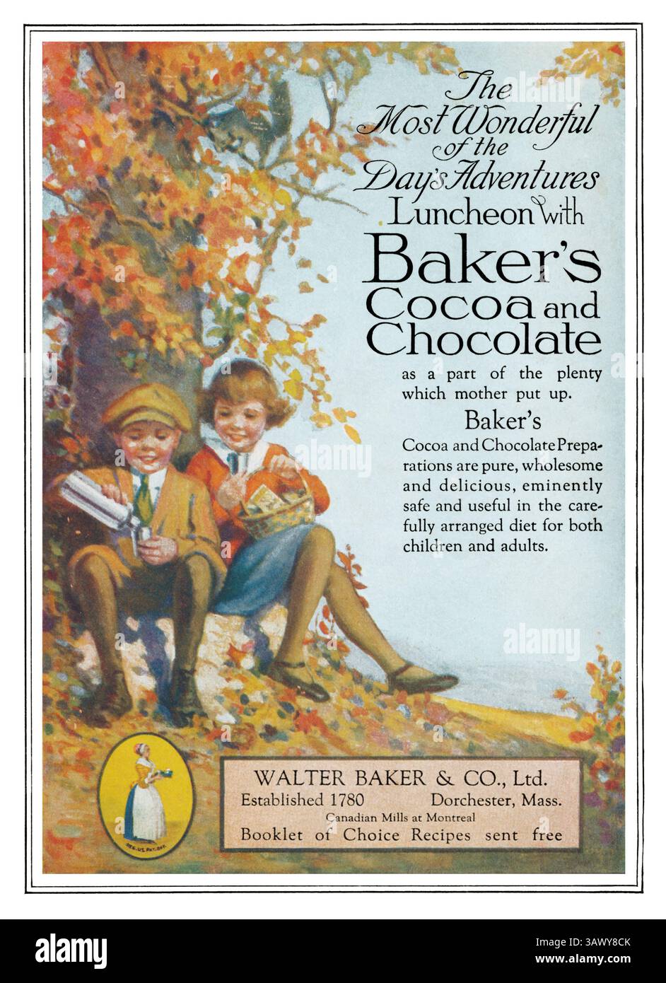 1923 US-Werbung für Baker's Kakao und Schokolade. Stockfoto