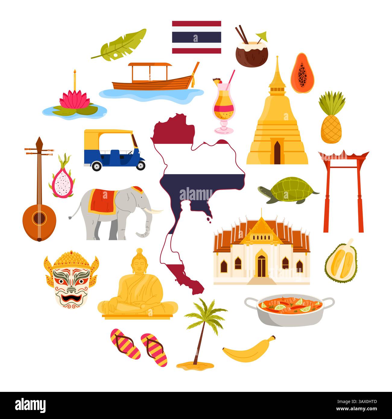 Reisen Sie nach Thailand, kulturelle Elemente und Wahrzeichen in einem runden Infografik-Banner. Traditionelles Boot und loy krathong Objekte, Essen und Riesenschaukel, großer Buddha im Kreis Karikaturvektor Illustration Stock Vektor