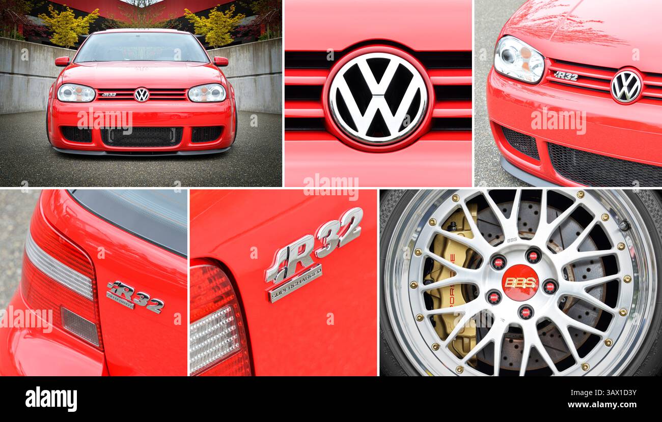 Collage eines Volkswagens R32 auf einer Autoausstellung Stockfoto