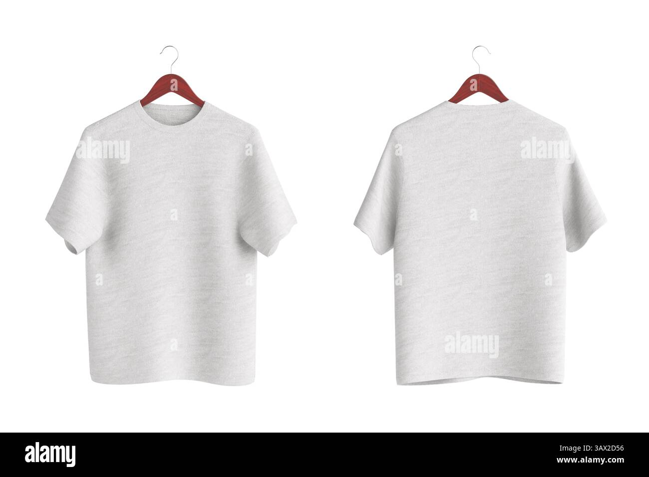 Leeres weißes T-Shirt Vorder- und Rückseite Vorlage für Design, Branding, Druck und Aufbewahrung auf einem hölzernen Bügel auf weißem Hintergrund. 3D-Rendering Stockfoto