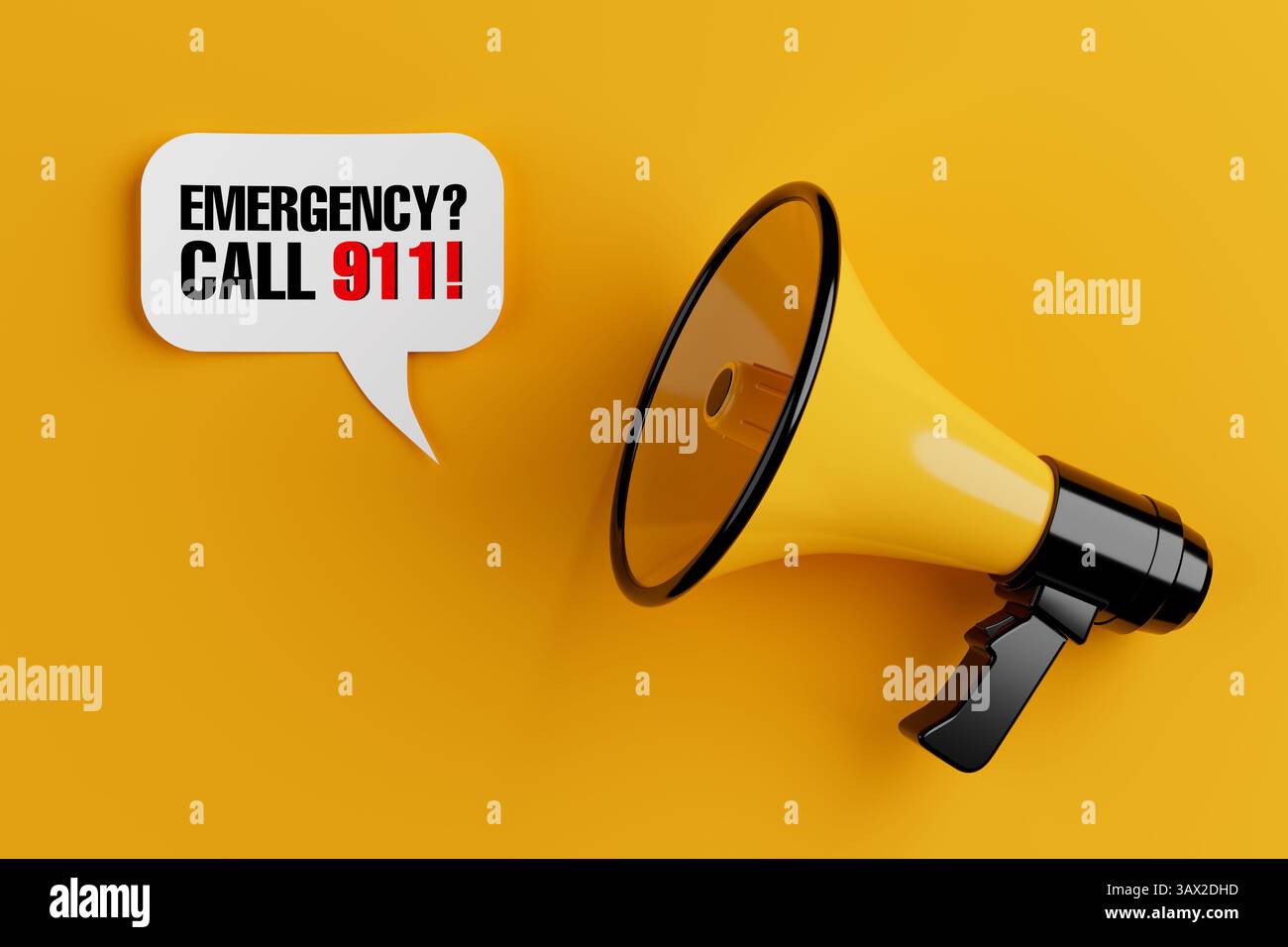 Gelbes Megaphon mit Notruf 911 Zeichen Sprachwolken Chat Bubble auf gelbem Hintergrund. 3D-Rendering Stockfoto