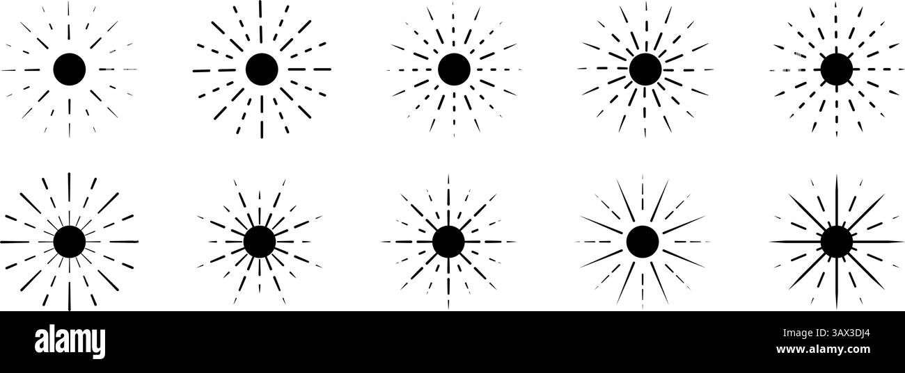 Symbole bei Sonnenschein. Set von Sonnenstrahlen-Symbolen auf weißem Hintergrund. Sonnenenergiesignale. Piktogramme für Sonnenlicht, Sonnenlicht oder Sonnenschein. Dekorative Designelemente. Vektorgrafik. Stock Vektor
