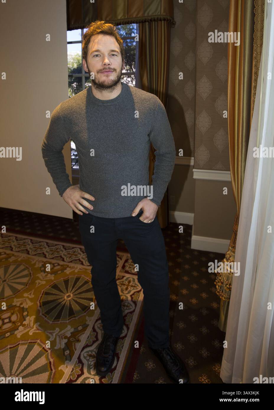 November 2013 – Beverly Hills, Kalifornien, USA – CHRIS PRATT wirbt für „Delivery man“ im Four Seasons Hotel. Christopher Michael Chris Pratt (* 21. Juni 1979 in Virginia, Minnesota) ist ein US-amerikanischer Schauspieler. Er wurde bekannt durch seine Fernsehrollen, darunter Bright Abbott in Everwood (2002–2006) und Andy Dwyer in der NBC-Sitcom Parks and Recreation (2009–2015). Seine frühe Filmkarriere begann mit Nebenrollen in Mainstream-Filmen wie Wanted (2008), Moneyball (2011), The Five-Year Engagement (2012), Zero Dark Thirty (2012), Delivery man (2013) und her (2013), bevor er l erreichte Stockfoto