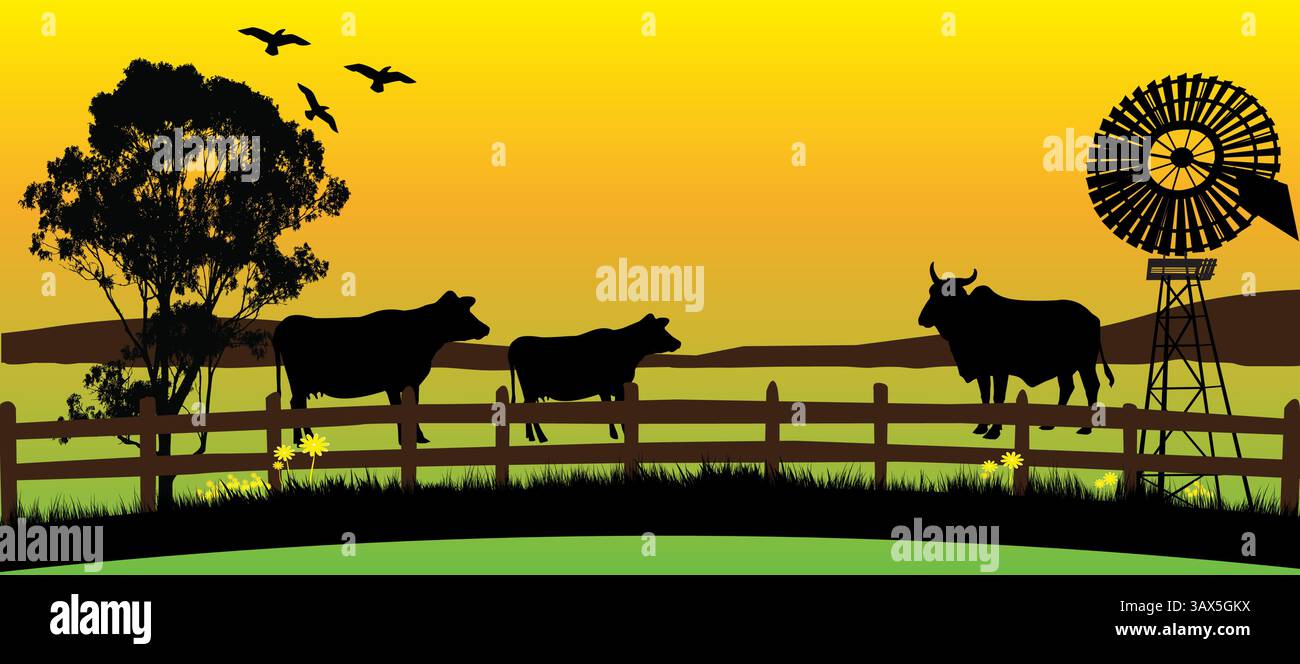 Dieses friedliche Bild zeigt Kühe, die vor einem gelben Sonnenuntergang in Silhouette gehalten werden, und unterstreicht die Schönheit des ländlichen Lebens mit einer Windmühle, die der Ruhe Charme verleiht Stock Vektor
