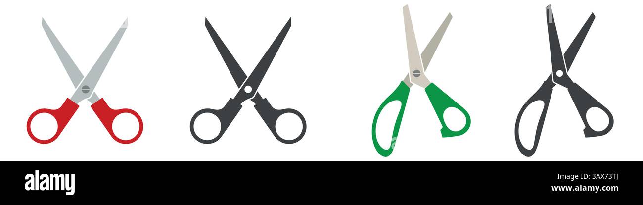 Einfache und komplexe gerade Schere mit rotem Griff und schwarzer Silhouette. Zwei Scheren. Illustration des flachen Vektors isoliert auf weißem Hintergrund Stock Vektor
