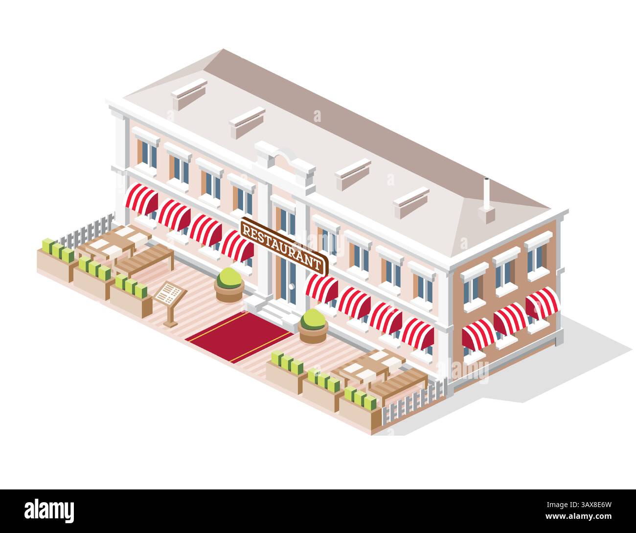 Isometrisches Gebäude mit Restaurant und Terrasse. Vektorabbildung. Straßenrestaurant im Hotel mit Freiluftterrasse, Sitzgelegenheiten im Freien. Urbanes Archite Stock Vektor