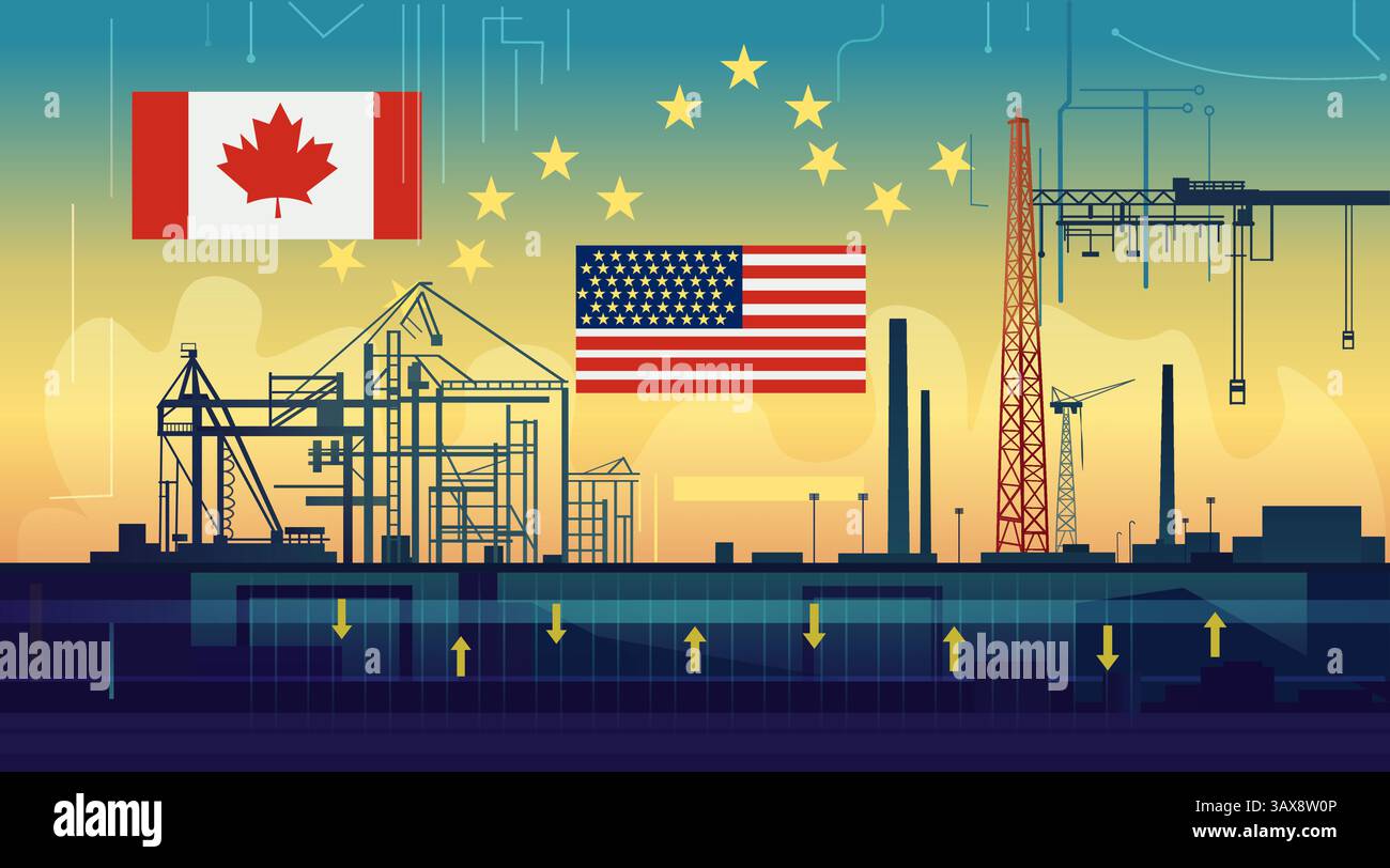 Handel Krieg Zölle Krieg Kanada Vereinigte Staaten Europäische Union Industriebau Flaggen Ölförderung Kräne Silhouetten Technologie Hintergrund Stock Vektor