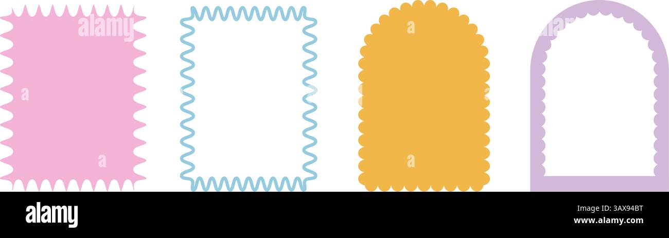 Rahmenset für geometrische Muscheltextrahmen. Gewellter grooviger Bogen, rechteckige Ränder isoliert auf weißem Hintergrund. Wackelige Elemente für dekorative y2k-Beschreibungen. Ve Stock Vektor