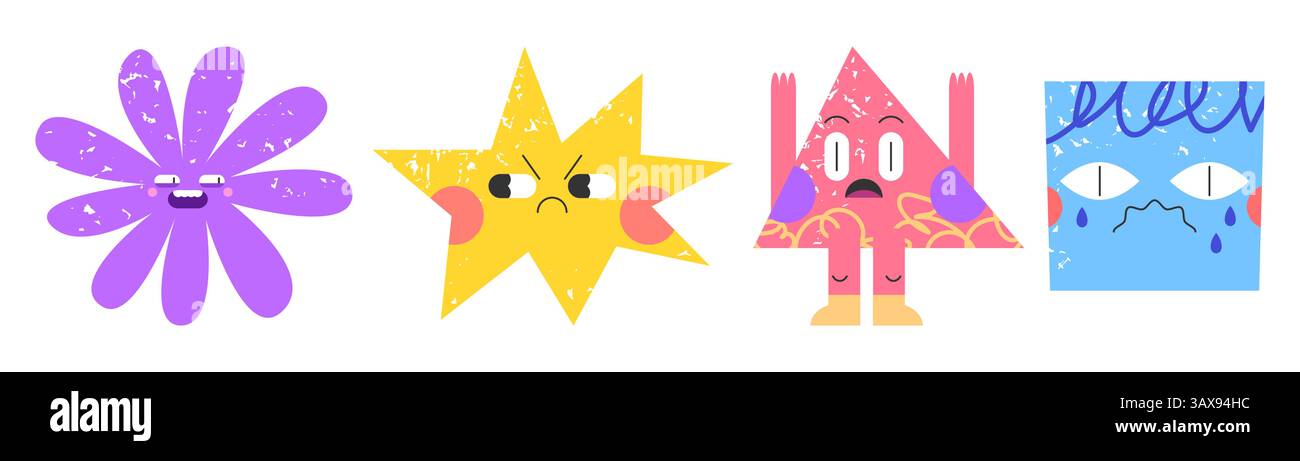 Emoticons mit geometrischem Doodle-Gesicht - verdächtiger Stern, schockierte Blume, trauriges Dreieck und verängstigte quadratische Figur. Handgezeichneter flacher Vektor-Illustrationssatz. Dekorative Elemente für Kinder im Zeichentrickdesign. Stock Vektor