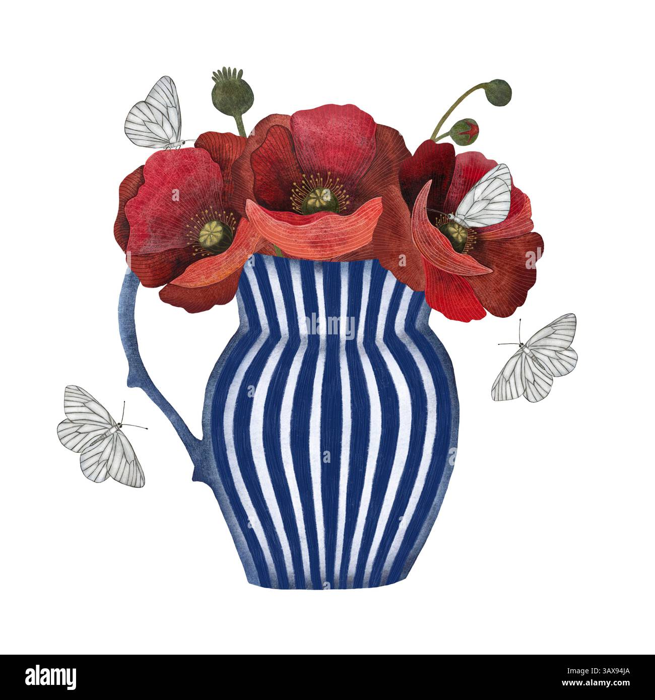 Rote Mohnblume in blau-weißer Keramikvase mit Streifen, umgeben von Schmetterlingen, isoliertes Mohnillustrationselement, Rot Stockfoto