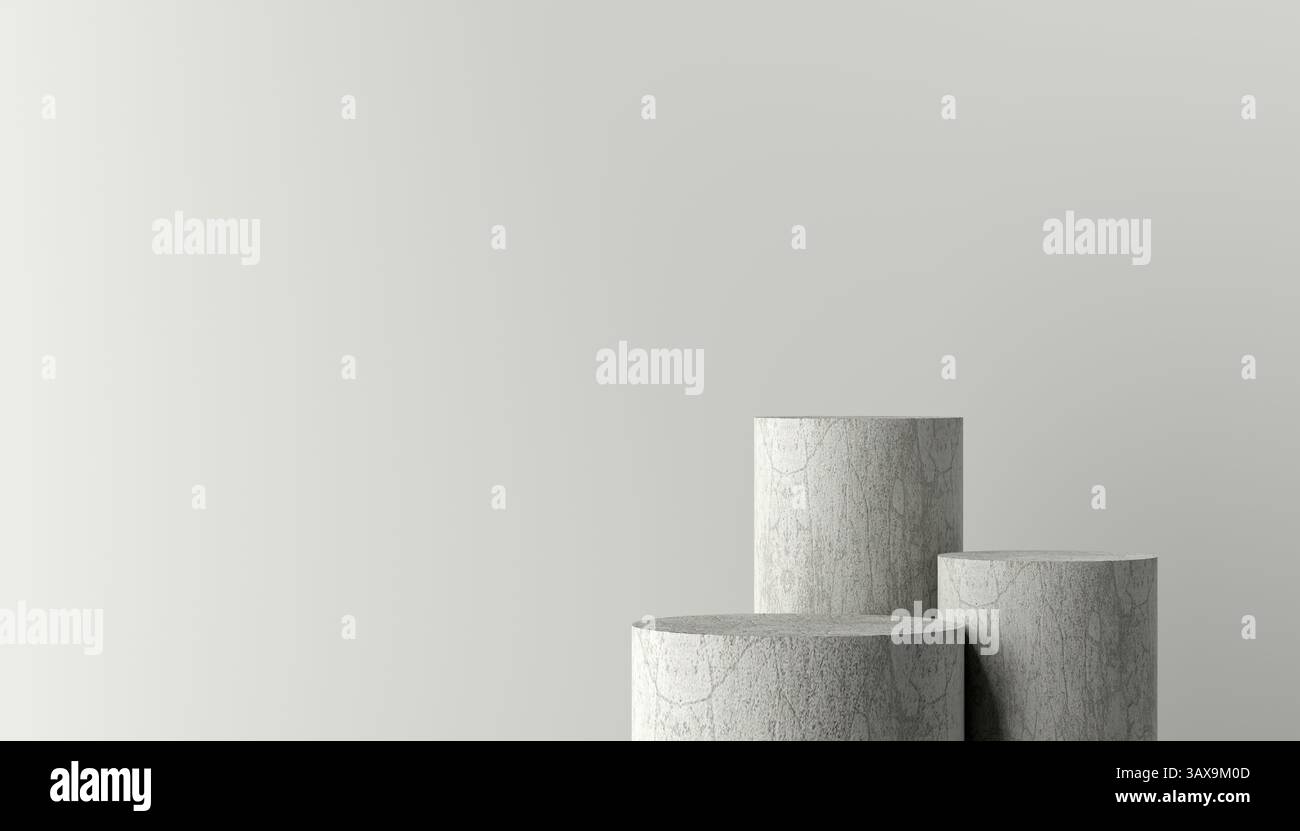 Drei graue Betonzylinder unterschiedlicher Größe bilden einen Sockel auf einem minimalen grauen Hintergrund, perfekt für die Präsentation von Produkten. 3D-Rendering. Stockfoto