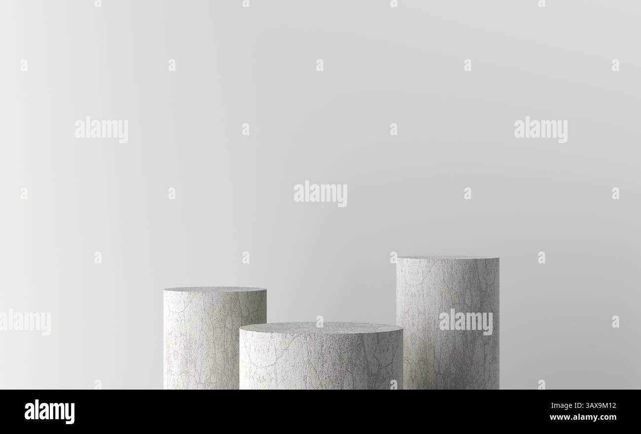 Drei graue Betonzylinder unterschiedlicher Größe bilden einen Sockel auf einem minimalen grauen Hintergrund, perfekt für die Präsentation von Produkten. 3D-Rendering. Stockfoto