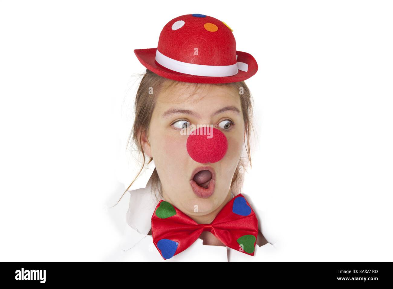 Junge Frau als Clown gekleidet - optional Stockfoto
