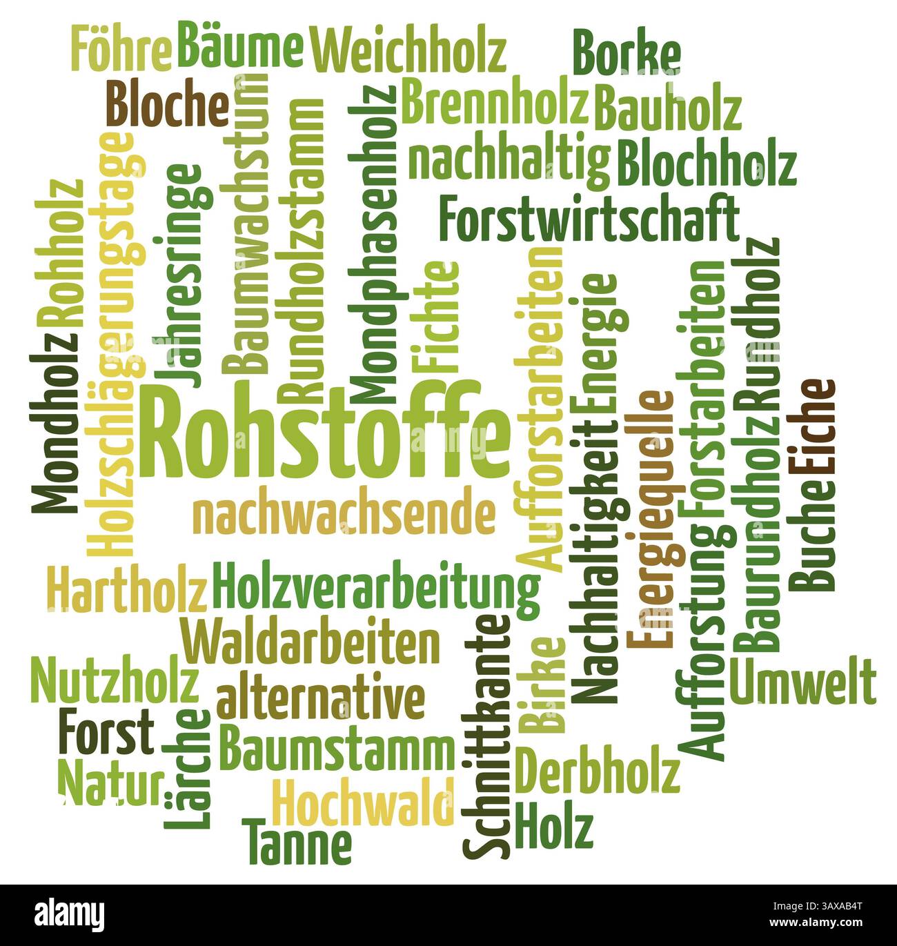 Stichwortwolke um den Rohstoff Holz Stockfoto