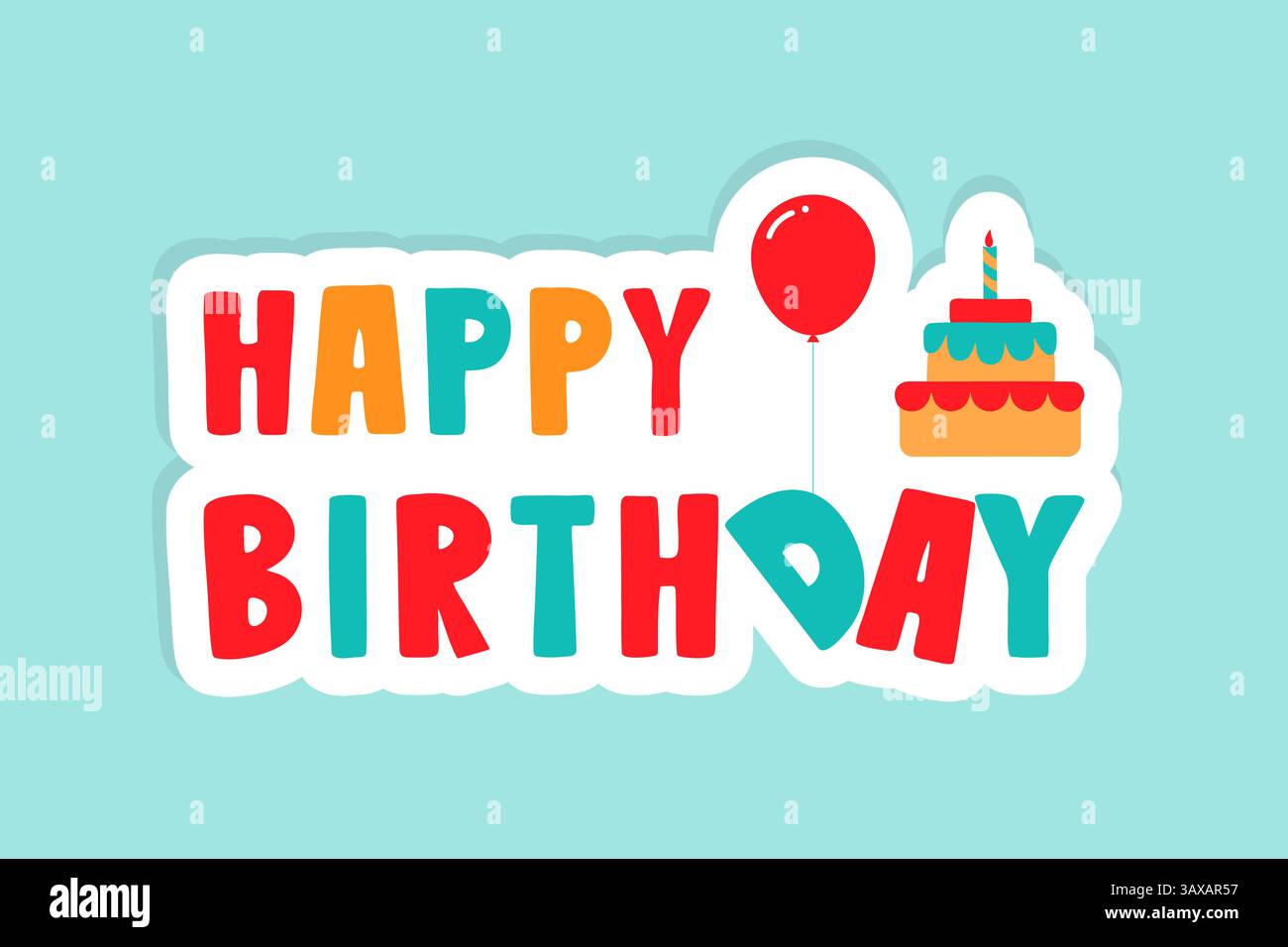 Happy Birthday-Aufkleber, grelle Aufschrift mit Kuchen und Ballon. Für Glückwünsche, Kinderparty, Karten, festliches Designelement. Stock Vektor